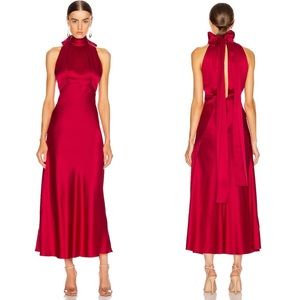 SALONI Michelle Midi-B High Neck Draped Silk Dress in Cherry Red Sz 6 US